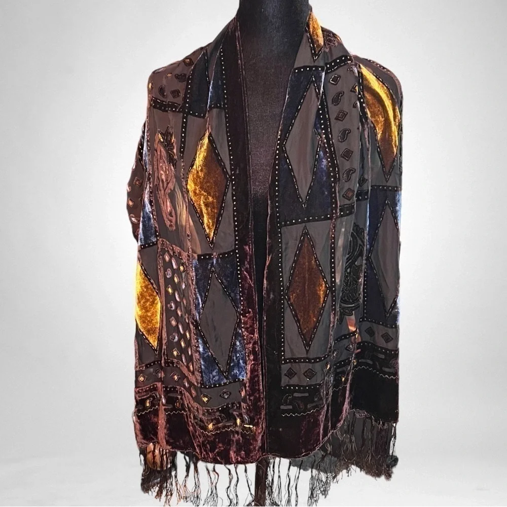 Lux burn out Velvet Paisley Wrap Scarf in Black and Gold